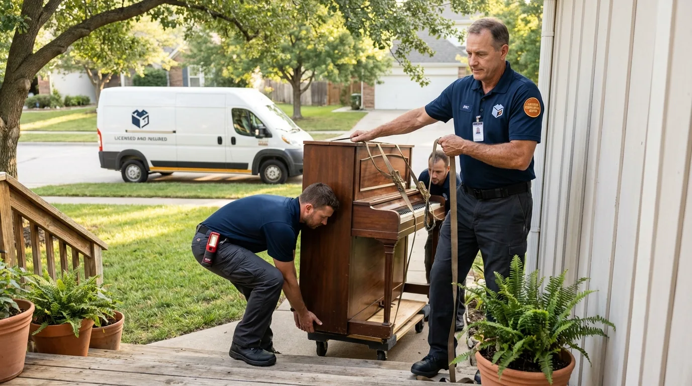 Licensed piano movers securing grand piano in Grafton, WI