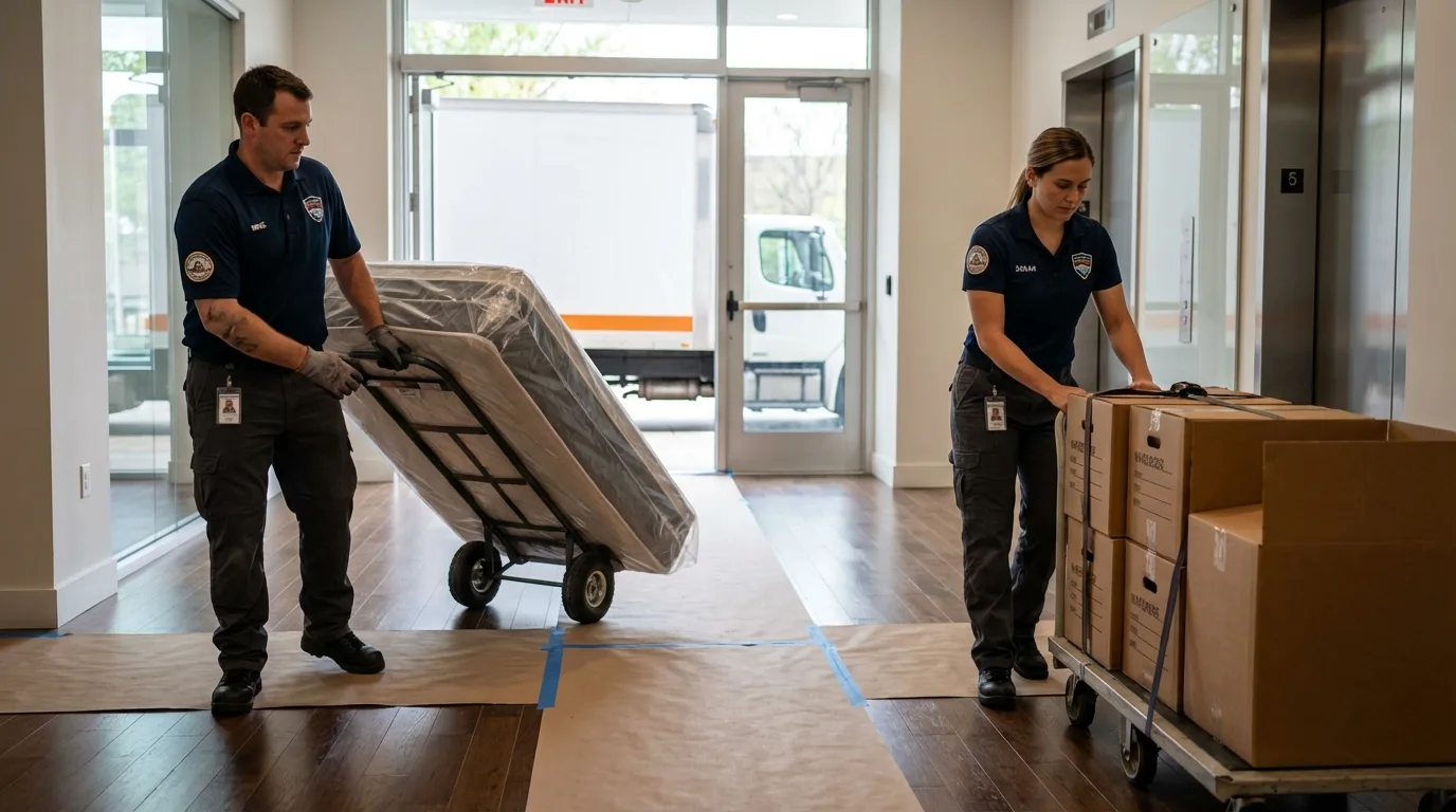 Professional apartment movers loading elevator in Grafton, WI