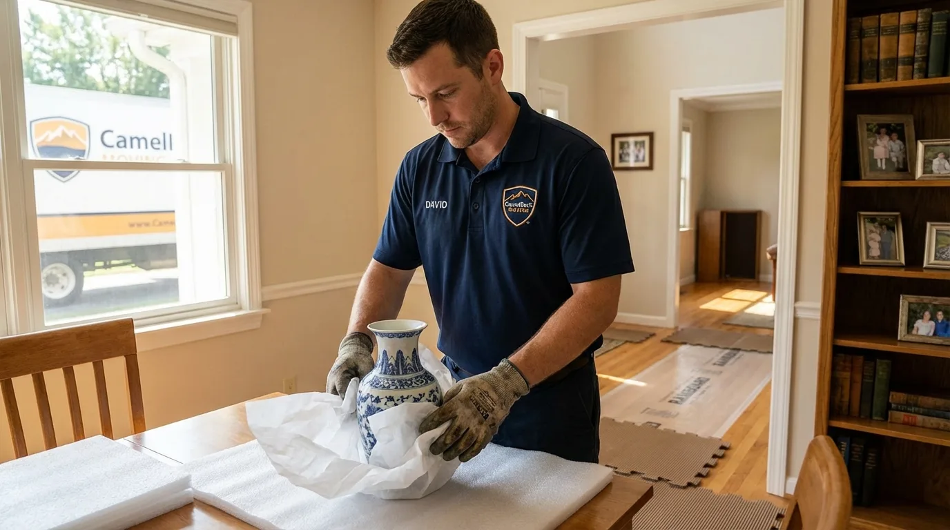 Professional crew carefully wrapping antique vase for senior downsizing move in Grafton, WI